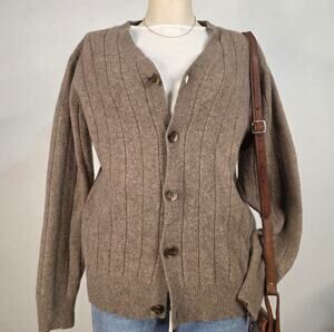 Brown Lambswool Cardigan Ribbed Grandpa Sweater Large Academia Geoffrey Beene